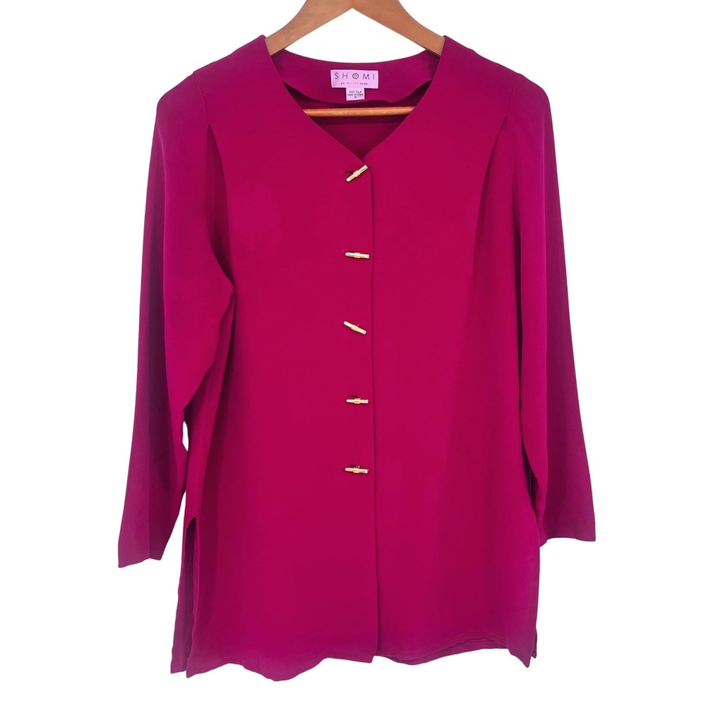 Vintage Shomi Silk Blouse Womens 14 Magenta Pink Gold‎ Toggle Button V-Neck